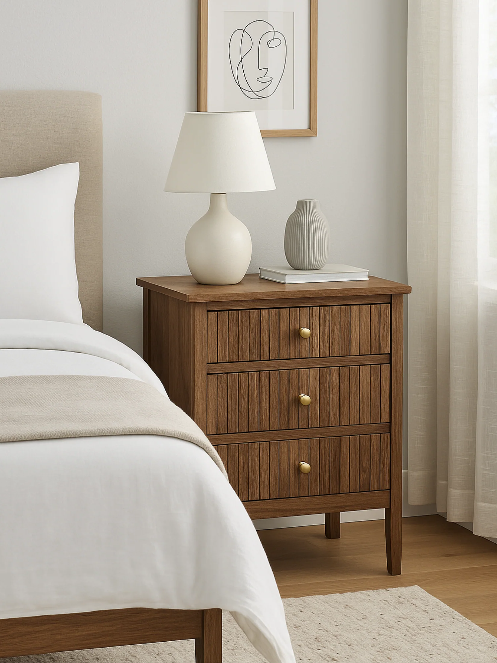 Alya Walnut 3 Drawer Bedside Table