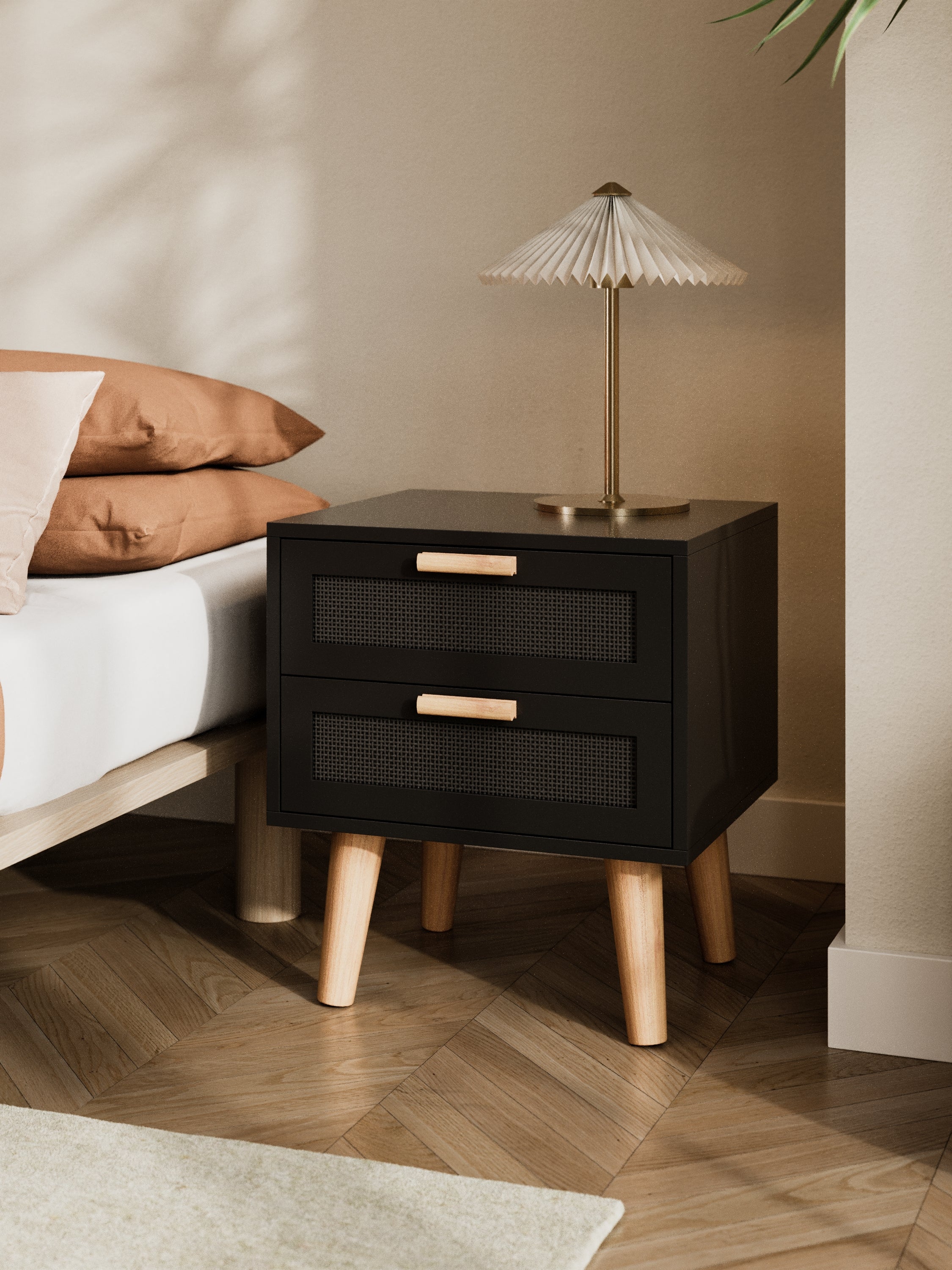 Austin Black Rattan Wooden Bedside Table - Image 2