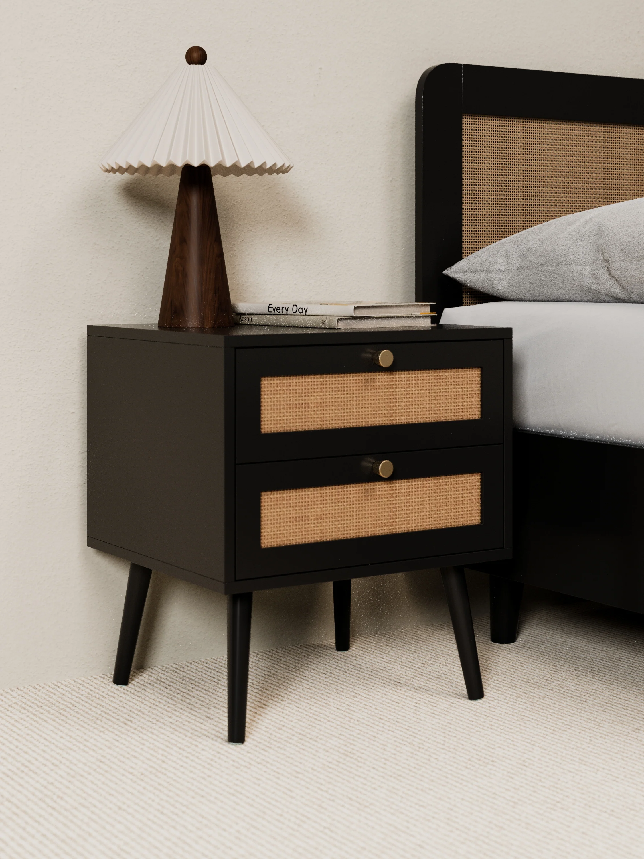 Ronnie Black Rattan Wooden Bedside Table - Image 2